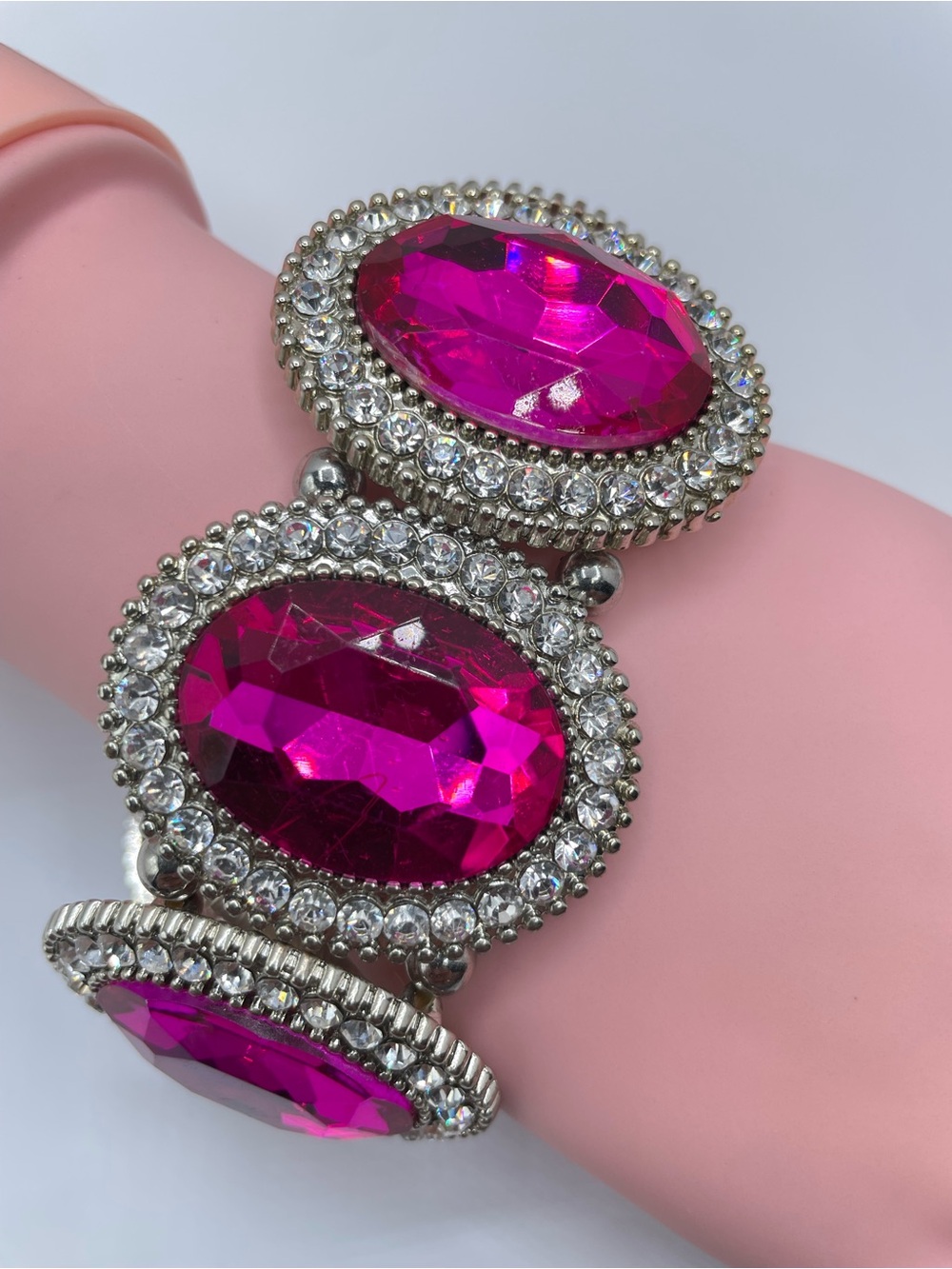 Silver Tone Hot Pink Acrylic Crystal Stretch Bracelet Glam Statement Cuff